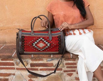 Handwoven Zapotec Wool Weekender Bag, Red Southwest Travel Duffel, Carry On Bag