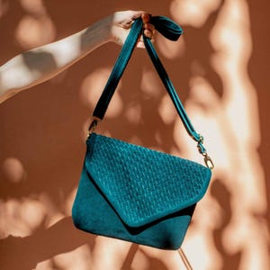 Handwoven Teal Suede Crossbody Bag: Marrakech Artisan Leather Purse