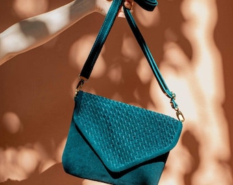 Handwoven Teal Suede Crossbody Bag: Marrakech Artisan Leather Purse