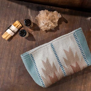 Zapotec Wool Makeup Bag, Rose Blue Lightning Motif Pouch, Artisan Cosmetic Bag