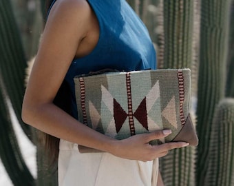 Zapotec Wool Clutch, Sage Butterfly Motif, Leather Corners, Artisan Woven Purse