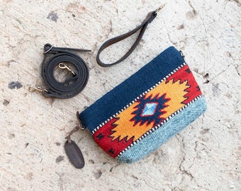 Zapotec Wool Convertible Clutch, Teal Southwest Purse, Wristlet or Crossbody Bag