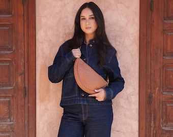 Woven Leather Sling Bag, Braided Moroccan Crossbody, Handwoven Leather Purse