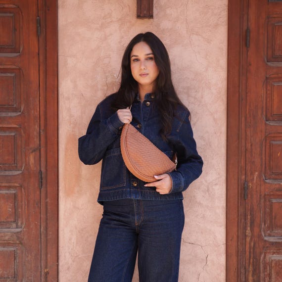 Woven Leather Sling Bag, Braided Moroccan Crossbody, Handwoven Leather Purse