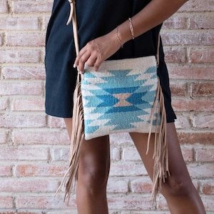 Blue and Cream Southwest Fringe Crossbody, Fringe Leather Purse