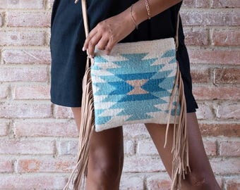 Blue and Cream Southwest Fringe Crossbody, Fringe Leather Purse