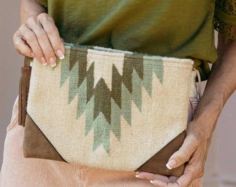 Handwoven Zapotec Wool Clutch, Sage Lightning Motif, Leather Corners Bag