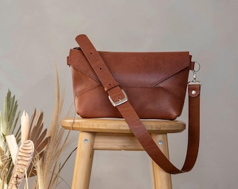 Japanese Leather Shoulder Bag, Origami Envelope Purse, Himeji Pit Tanned Leather
