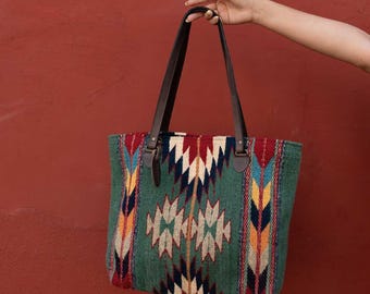 Teal Aztec Style Tote Bag, Handwoven Southwest Tote Purse