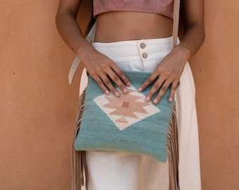 Sky Blue Fringe Crossbody Purse, Fair Trade and Handwoven in Oaxaca