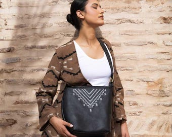Moroccan Leather Bucket Tote, Hand Embroidered Kasbah Bag, Artisan Leather Purse