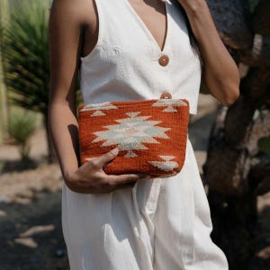 Handwoven Zapotec Wool Pouch, Rust Makeup Bag, Western Gift for Her Under 75