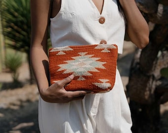 Handwoven Zapotec Wool Pouch, Rust Makeup Bag, Western Gift for Her Under 75