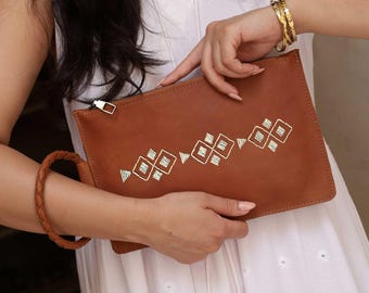 Moroccan Embroidered Leather Clutch, Braided Handle Evening Bag, Artisan Clutch Purse