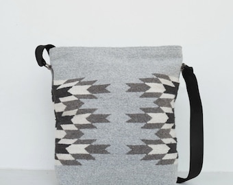 Gray Zapotec Wool Shoulder Bag, Convertible Crossbody, Southwestern Artisan Tote