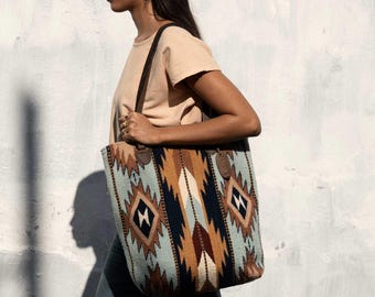 Multicolor Southwest Wool Tote, Oaxaca Artisan Bag, Handwoven Zapotec Bucket Tote