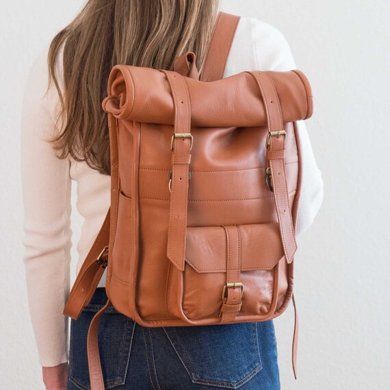 Handcrafted Leather Rolltop Backpack, Unisex Travel Rucksack  display picture 1