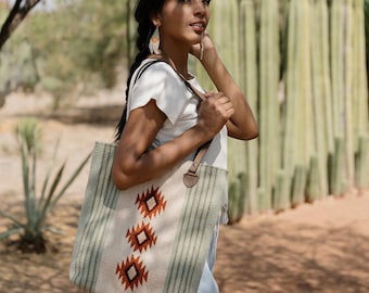 Handwoven Zapotec Wool Bucket Tote, Sage Diamond Motif Leather Straps