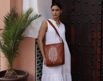Moroccan Embroidered Leather Bucket Tote, Floral Shoulder Bag, Artisan Leather Purse