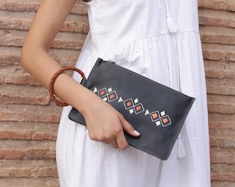 Moroccan Embroidered Leather Clutch, Black Leather Braided Handle Bag, Evening Purse
