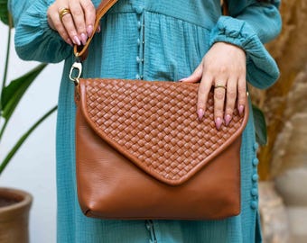 Handwoven Leather Crossbody Bag, Moroccan Artisan Purse, Woven Flap Shoulder Bag