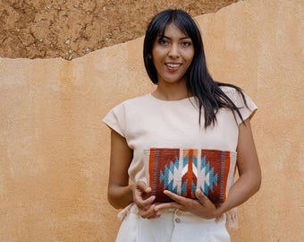 Zapotec Wool Makeup Bag, Multicolor Geometric Pouch, Artisan Cosmetic Bag Gift