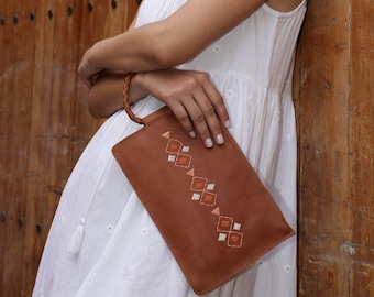 Moroccan Embroidered Leather Clutch, Braided Handle Evening Bag, Brown Leather Purse