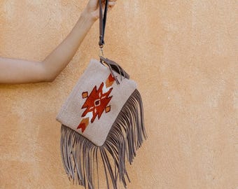 Zapotec Fringe Bag, Terracotta Wristlet Purse, Southwest Fringe Clutch