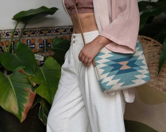 Blue and Cream Southwest Crossbody Purse, Handwoven Summer Crossbody Bag