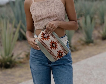 Handwoven Zapotec Wool Pouch, Sage Green Makeup Bag, Artisan Gift for Her