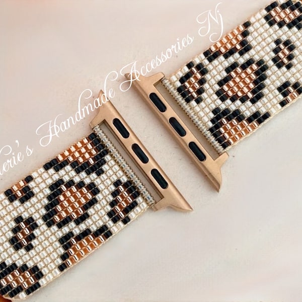 Seed beaded miyuki leopard watch cream band/ Leopard animal print Apple watch band, apple watch bands seed beaded, handmade watch bands.