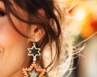 Handmade Miyuki Beaded double Star Dangle Earrings