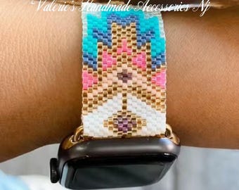 Miyuki Seed Beaded Apple Watch Band, Tribal Geometric Spring Colors