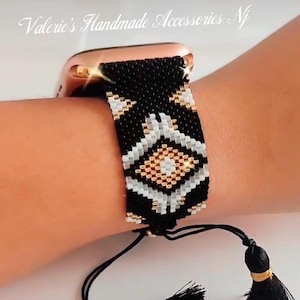 Cinturino per Apple Watch con perline Miyuki, motivo geometrico nero