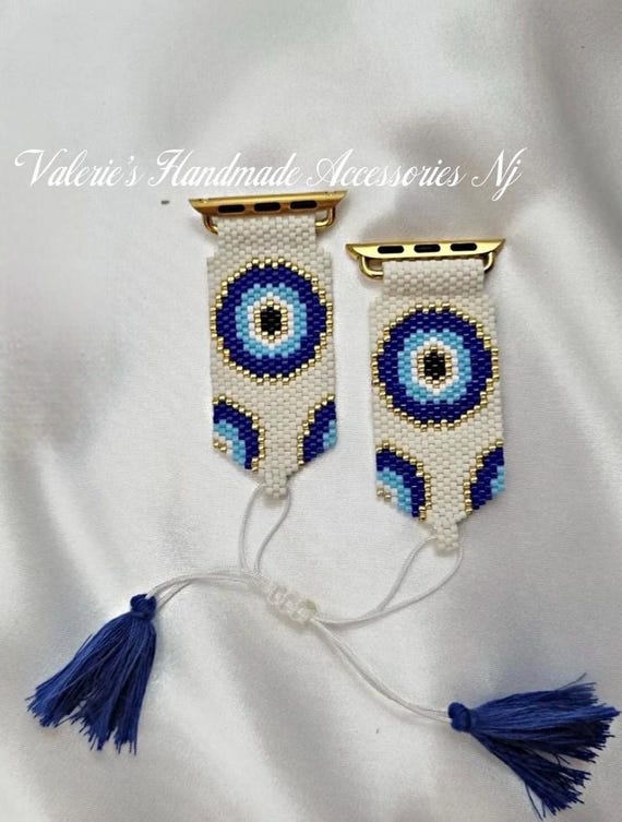 Evil Eye Miyuki Seed Beaded Apple Watch Band with Tassels Protective Evil Eye Print Silicone Band For Apple Watch  main image 4