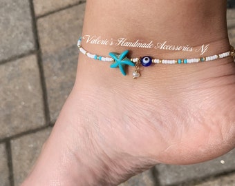 Tobillera Boho de Estrella de Mar con Conchas y Ojo de Tigre, Hecha a Mano