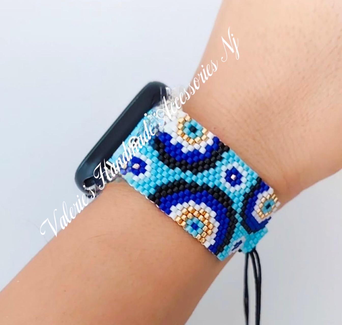 Evil Eye Miyuki Seed Beaded Apple Watch Band with Tassels Protective Evil Eye Print Silicone Band For Apple Watch  main image 3
