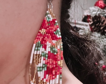 Handmade Miyuki Beaded fringe ponsetia Dangle Earrings, holiday earrings.