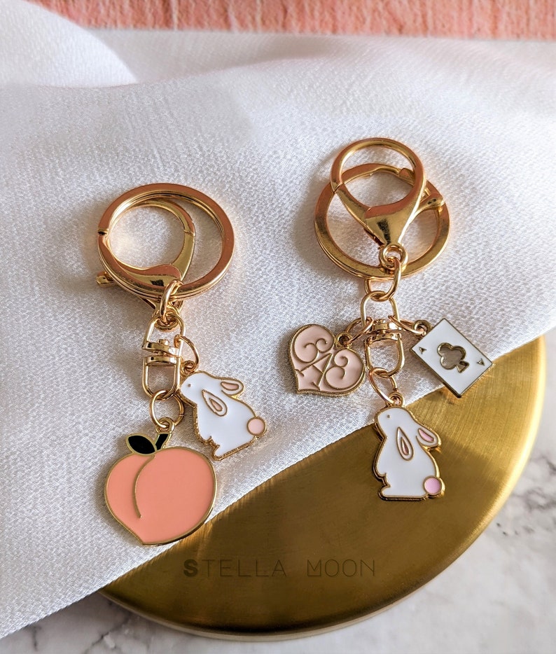 Bunny Keychain, Gold Enamel Key Chain Accessory, Rabbit Charm, Peach Fruit, Ace Card Ring, Key Holder Lobster Clasp, Clubs & Spades, Gift 