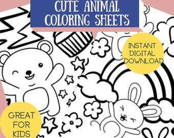 Cute Animal Printable Coloring Sheets for Kids, Bear and Bunny Coloring Page for a fun Kids Craft Activity, Instant Download PDF