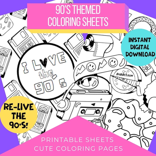 90's Themed Printable Coloring Sheets, Enjoy 90's Nostalgia Colouring Pages for Adults, Fun 90's Craft Activity, Instant Download PDF