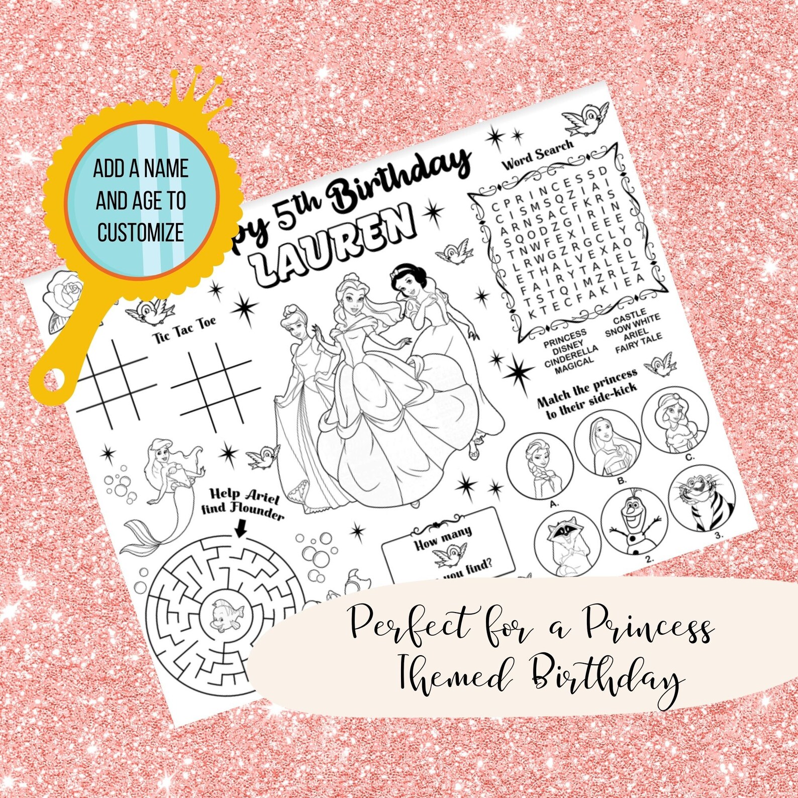 Disney Princess Personalized Placemat Princess Party Coloring | Etsy