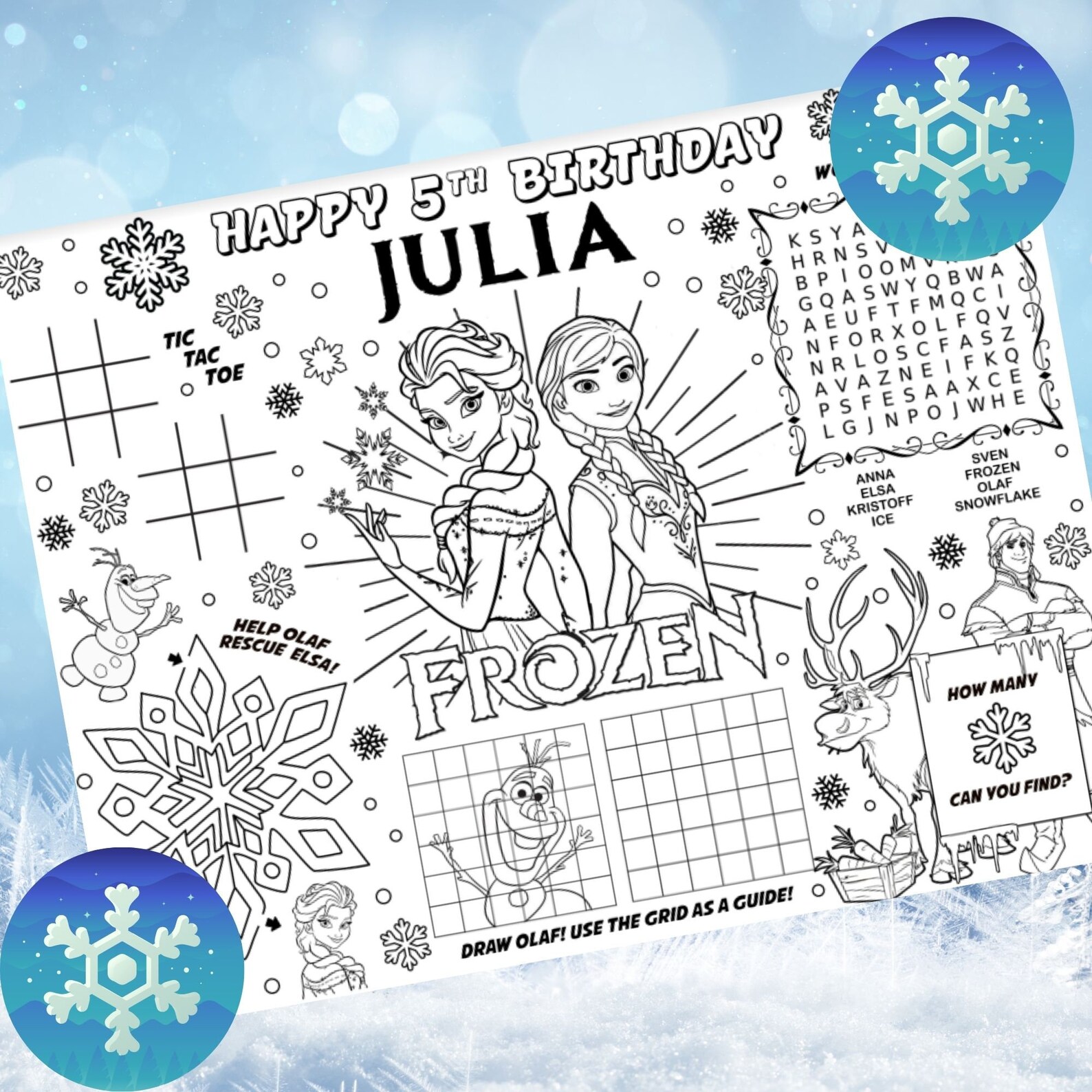 Frozen Disney Personalized Placemat Frozen Party Coloring Mat | Etsy