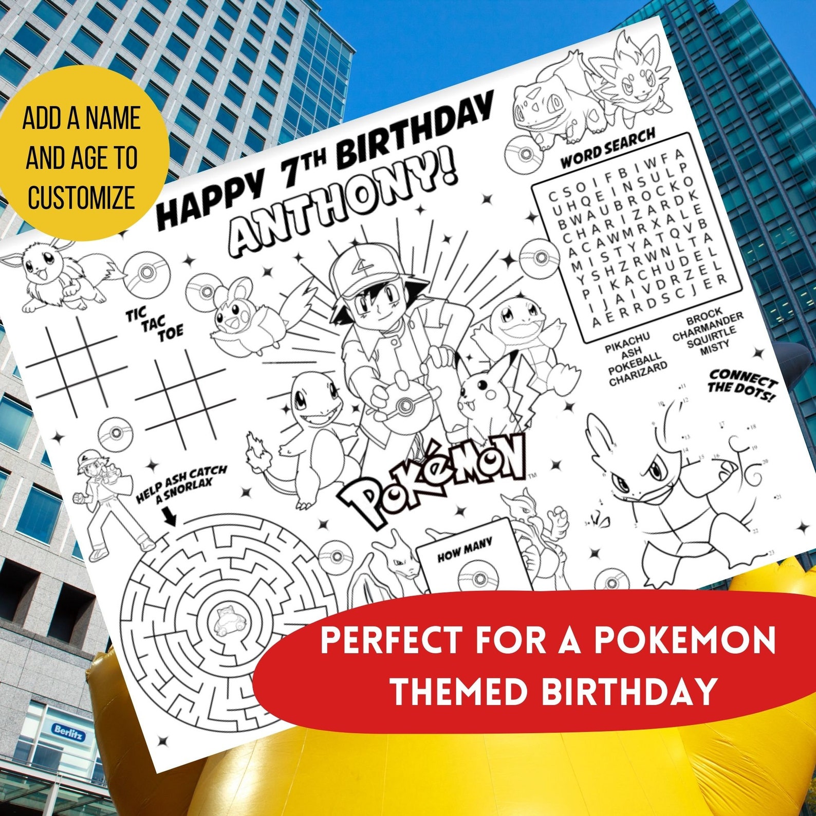 Pokemon Personalized Placemat Pokemon Party Coloring Mat | Etsy