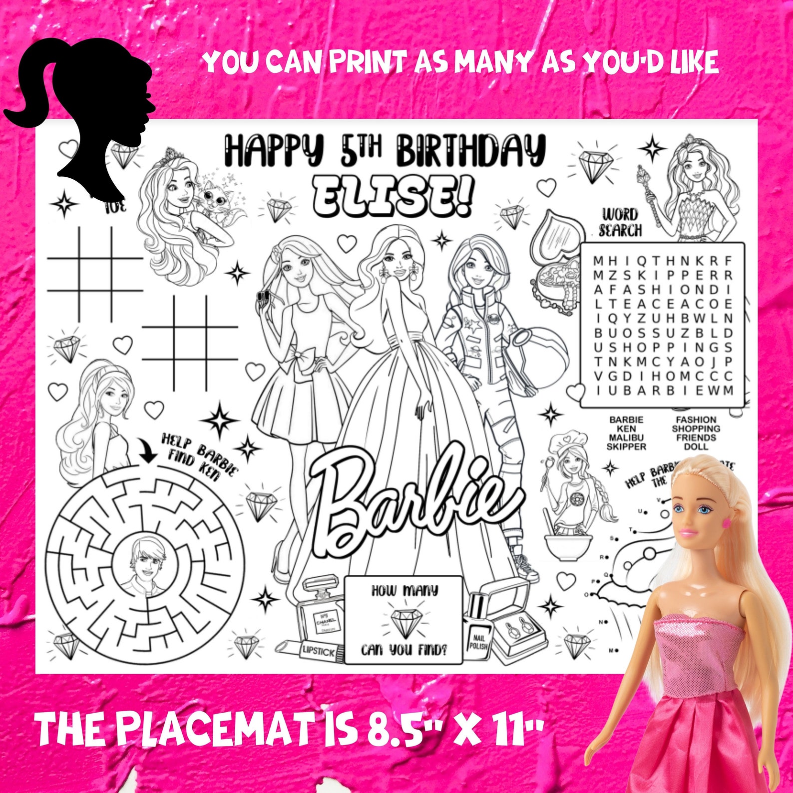 Barbie Personalized Birthday Placemat Barbie Party Coloring | Etsy