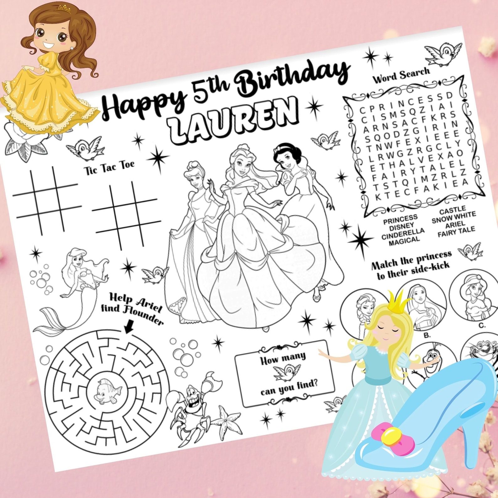 Disney Princess Personalized Placemat Princess Party Coloring | Etsy