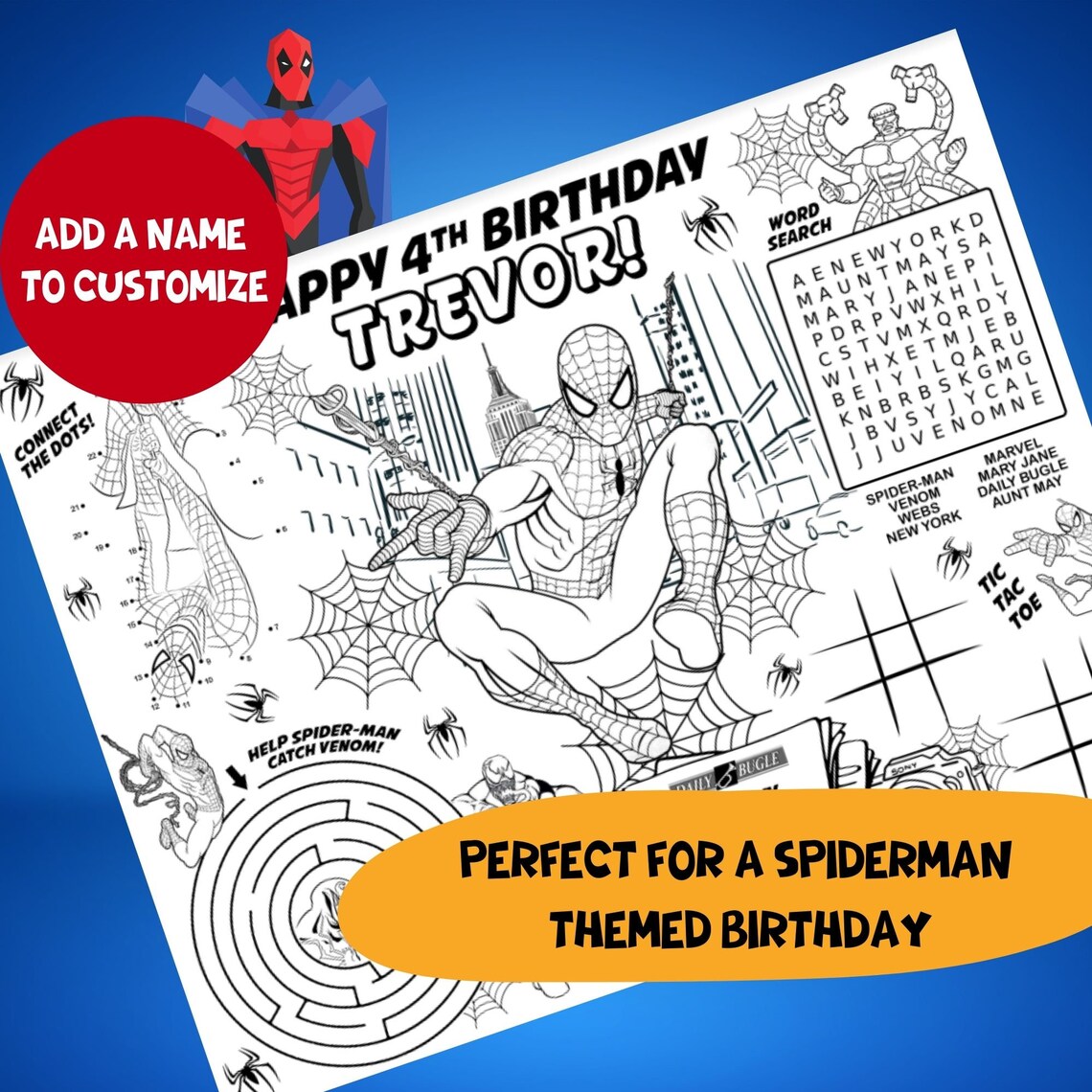 Spiderman Personalized Placemat Spiderman Party Coloring Mat | Etsy