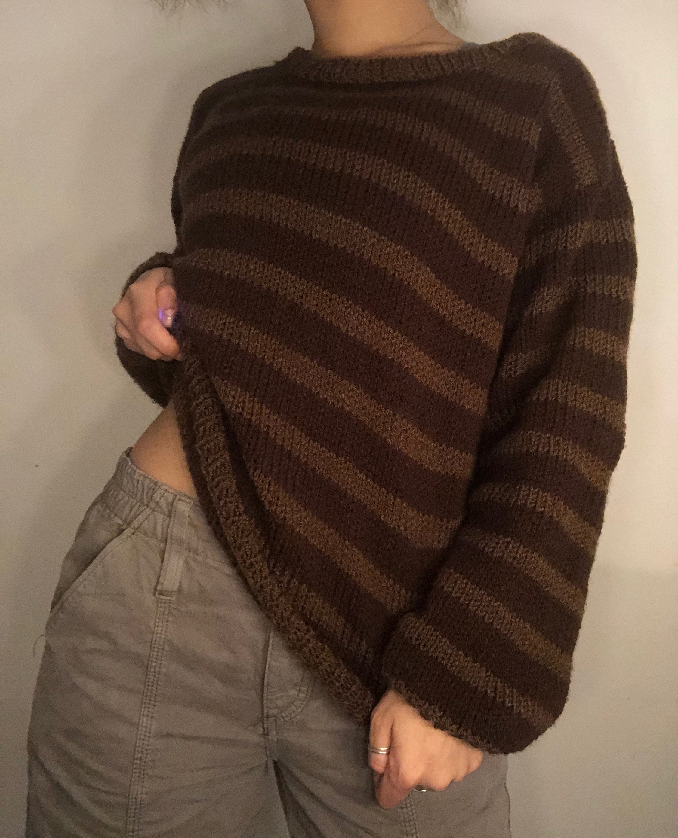 Brown Knit Striped Sweater Jumper Cream Knit Sweater Jumper 