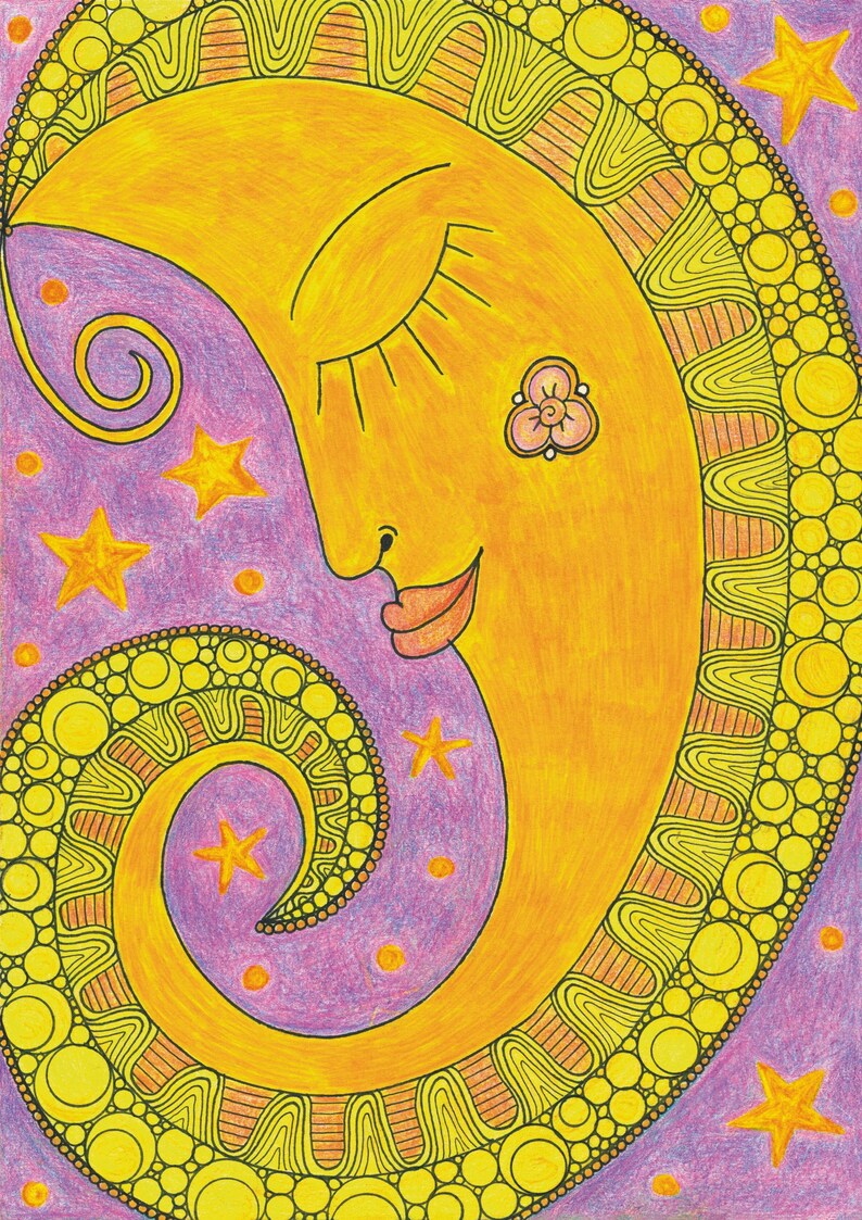 Whimsy Moon Design Whimsical Moon and Stars Art Print: Hand-drawn Celestial Nursery Decor ...
