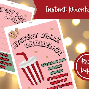 Puede incluir: Hojas de juego imprimibles rosas con el texto "Mystery Drink Challenge" y "Mystery Drink Answer". El diseño incluye una taza de bebida de dibujos animados y estrellas. También se incluye el texto "Toma un sorbo y agítalo si sabes qué es, escríbelo".